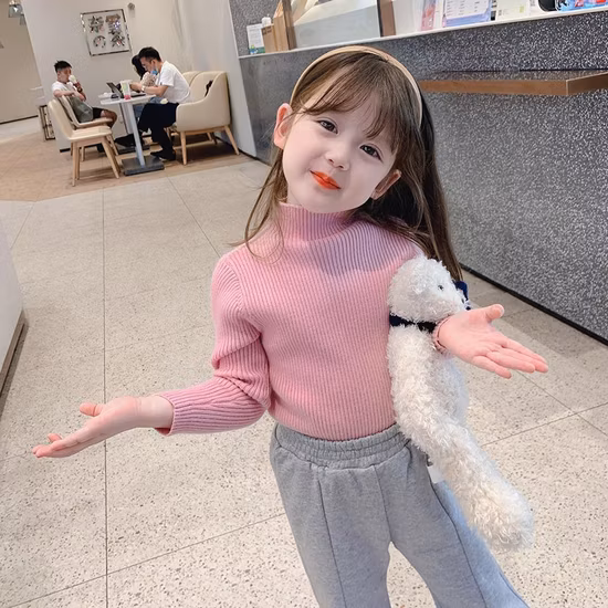 Хорошее качество, новейший дизайн, зима-осень, однотонный хлопковый вязаный пуловер с воротником-стойкой для маленьких девочек, свитер